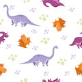 Seamless dinosaur pattern. Animal white background with colorful dino. Vector illustration. Royalty Free Stock Photo